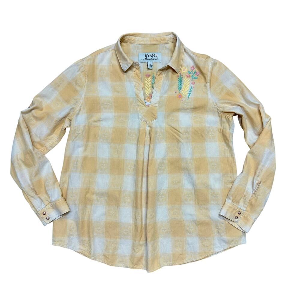 Ryan Michael Woven Cotton Plaid Western Skull Embroidery Split Neck Shirt Sz: XL